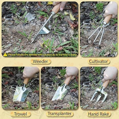 LeMotech Gardening Tools, 10-Piece Heavy Duty Garden Hand Tools Set with Wooden Handle, Durable Fashion Organizer Bag for Garden Supplies, Gardening Gifts for Women Grandmother, Yellow Floral Pattern