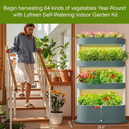 Lyfreen Smart Hydroponics Growing System Kit, 4-Tier Indoor Herb Garden with LED Grow Light & Timer, Vertical Hydroponic Tower for 64 Plants, 36L Self-Watering System for Herbs & Vegetable
