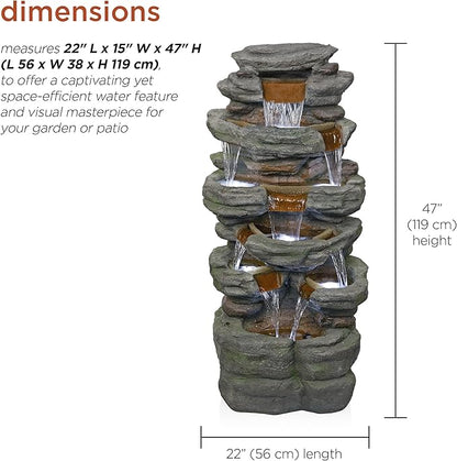 Alpine Corporation TZL352 Outdoor Floor Stone Tower Fountain with LED Lights, Multi-Level Garden Water Fountain, 47"H, Gray