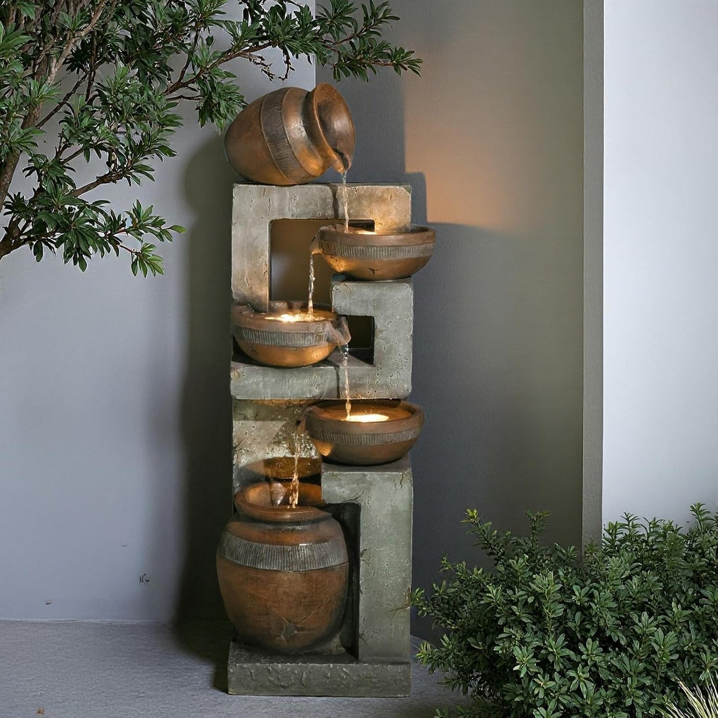 50.4" H Large Garden Fountains Outdoor, 5-Tier Cascading Rustic Style Bowl Water Fountain and Waterfall Feature with Light and Pump for Garden, Patio, Deck, Porch, Home Décor, Gray&Brown