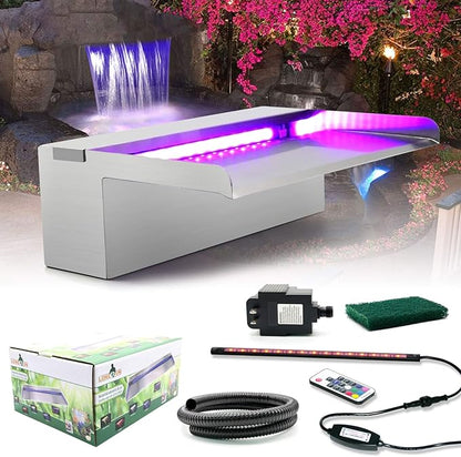LONGRUN Waterfall Spillway Stainless Steel Pond Waterfalls with Color Changing LED Light, Outdoor Pool Fountain Water Spillway Waterfall Kit for Garden Patio Swimming Pool Koi Ponds Decoration-11.8"