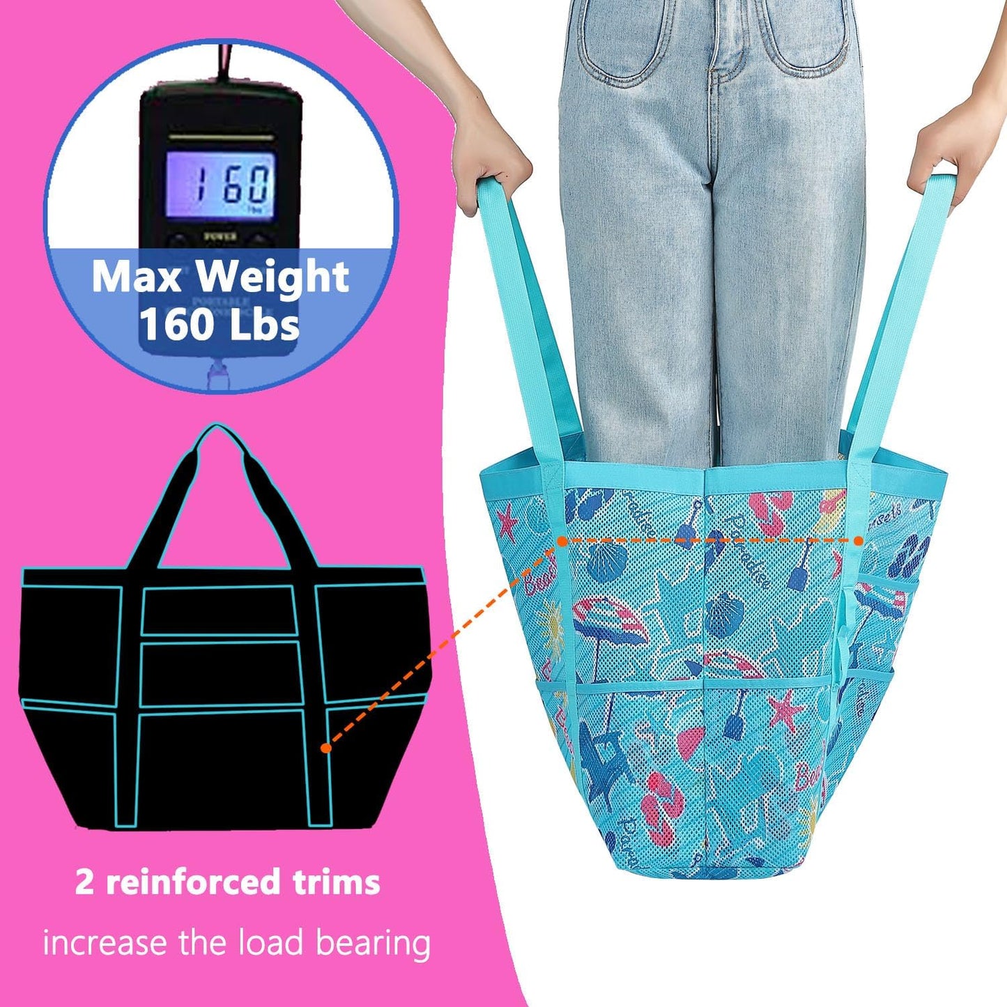 Mesh Beach Bag, Large Beach Tote with Zipper Pocket for Family Pool Bag for Toys & Vacation Essentials