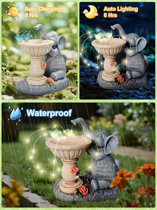 Solar Garden Outdoor Statues Decor, Elephant with Birdbath Garden Decor for Home House, Yard Art Lawn, Ornaments, Porch Patio, Balcony - Birthday Gifts for Grandma Mom Women