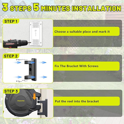 Retractable Garden Hose Reel 1/2 in x 160Ft Extra Long,Heavy Duty Automatic Water Hose Reel Wall Mounted with 10 Pattern Nozzle, Any Length Lock, Slow Return System, 180°Swivel Bracket