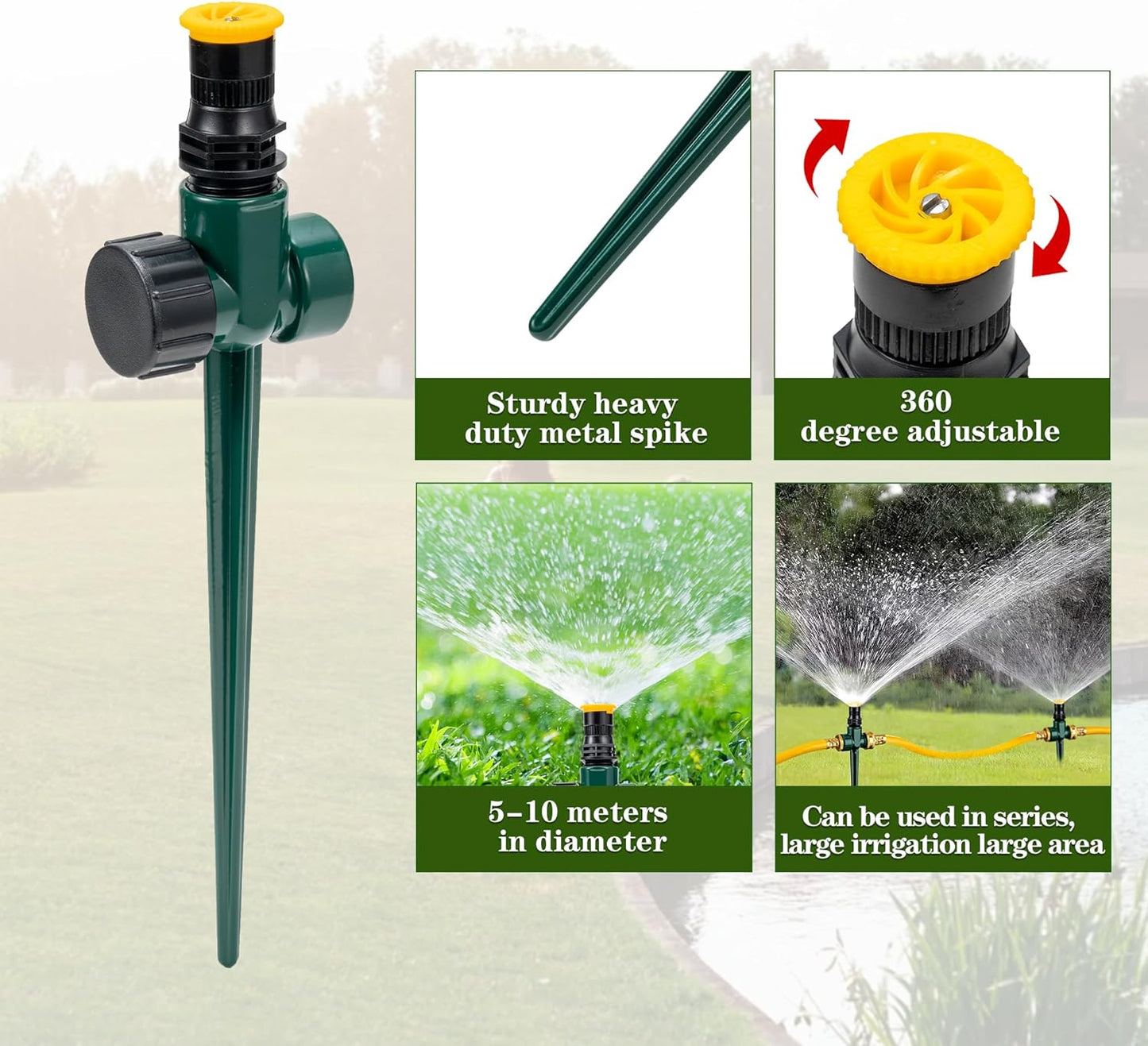 Ground Sprinkler Systemwith Metal Spike Base Irrigation Set for Garden Multi-Adjustable Lawn Sprinkler Set Ideal for Small Areas Plant and Flower Bed Watering, Two 15ft Yellow Hose Included