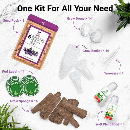 Flower Seed Pod Kit, Grow Anything Kit for All Hydroponics Growing Systems, 14 Pods with 600+ Seeds of Cascading Petunia Flower/Lavender/Dark Pink Dianthus/Clover/Snapdragon/Marigold