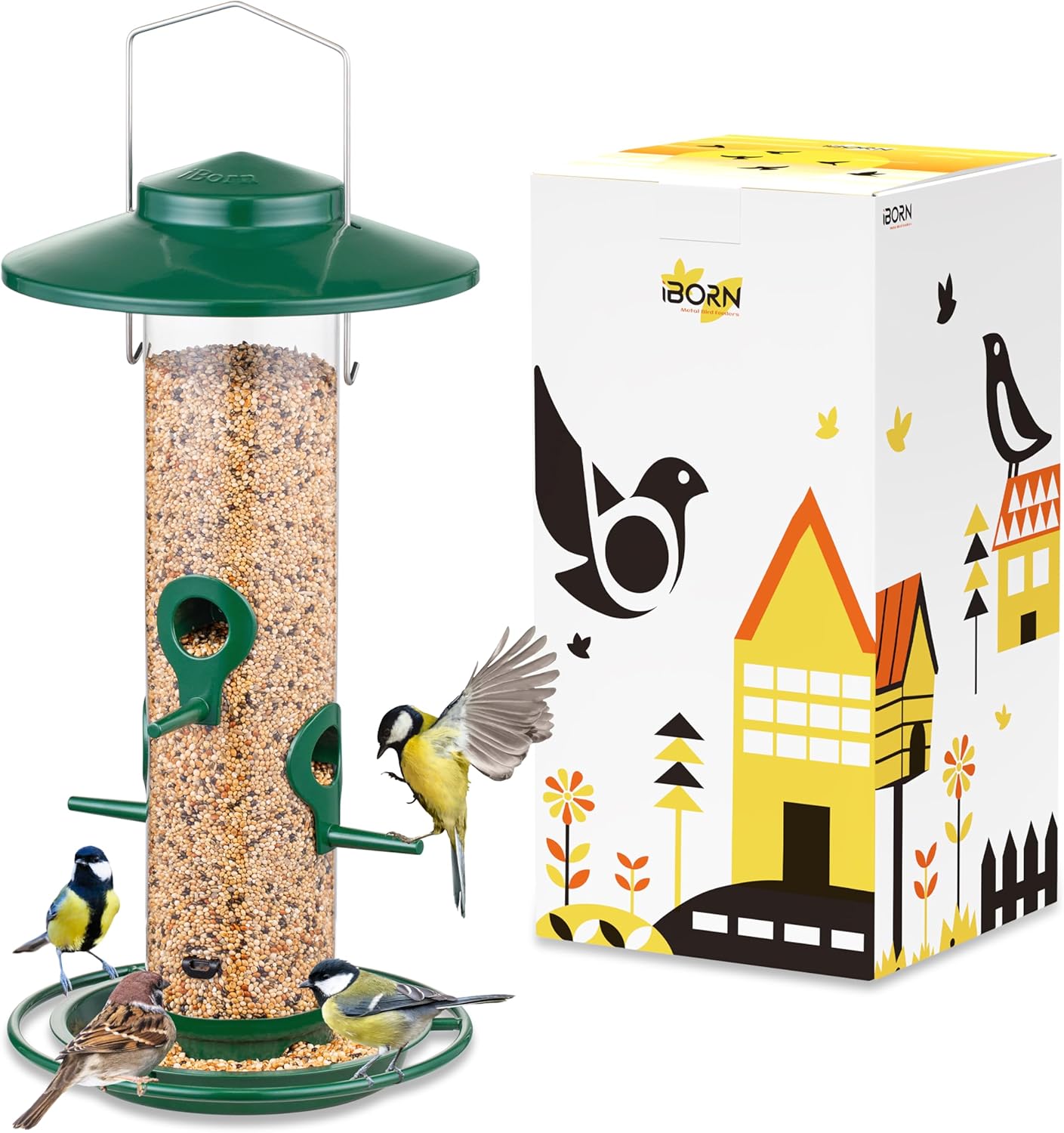 iBorn Bird Feeders for Outdoors, 2LB Metal Bird Feeders 17cm Large Roof &Tray, 4 Feeding Ports, Green Finish