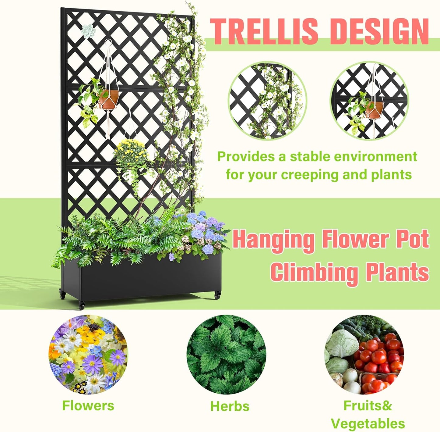 Metal Planter Box with Trellis, Raised Garder Bed with Drainage Hole, Privacy Screen & Trellis for Climbing Plants, Outdoor Plant Stands, 35''L×17''W×73''H, Black