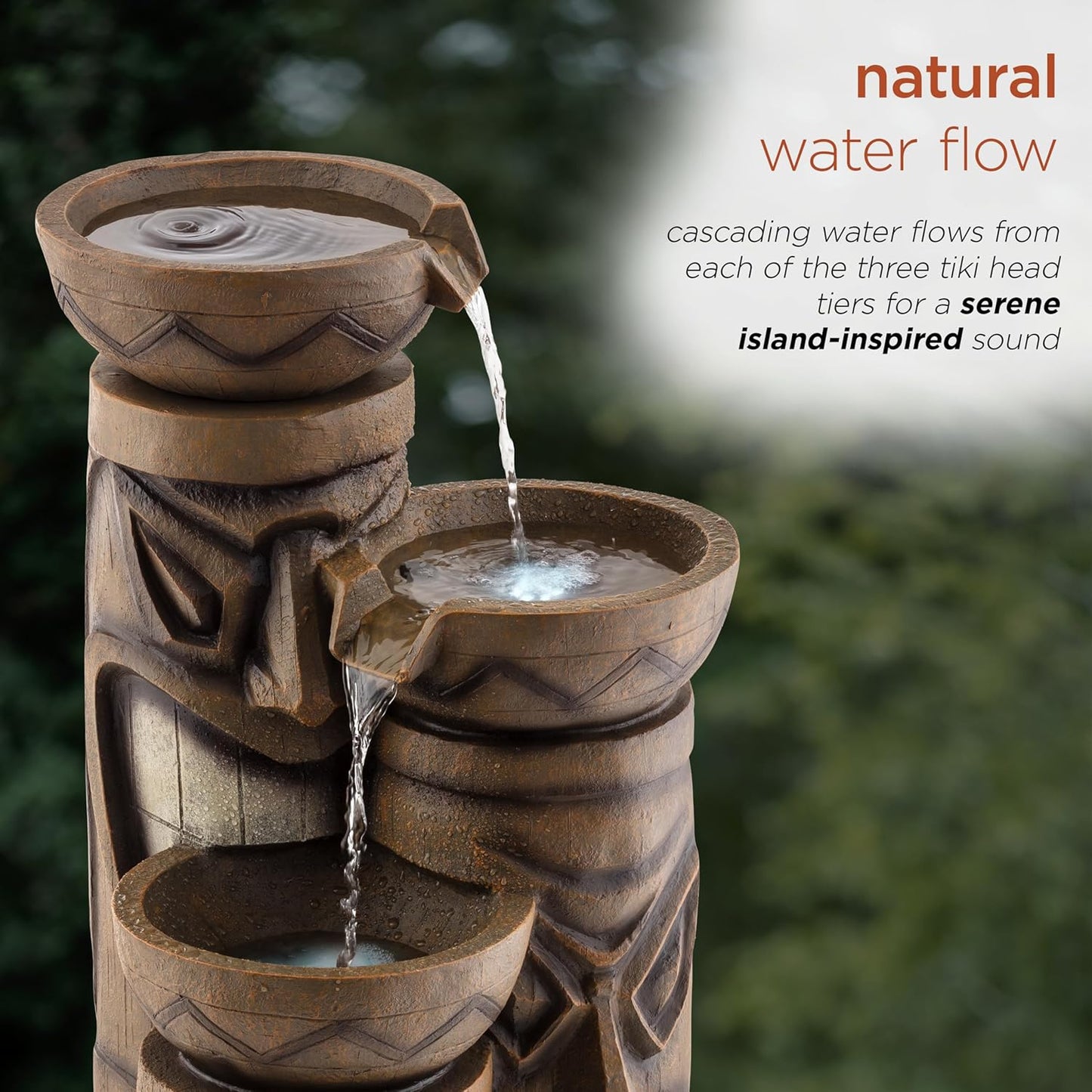 Alpine Corporation GIL838 Outdoor Floor 3-Tiered Soothing Polynesian Tiki Head Bowl Waterfall Fountain, 29", Brown