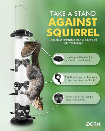 iBorn Metal Bird Feeders Black Wild Bird Feeder for Outdoors Hanging All Metal Black Finishing 14 Inch 6 Port(Seed is not Included)