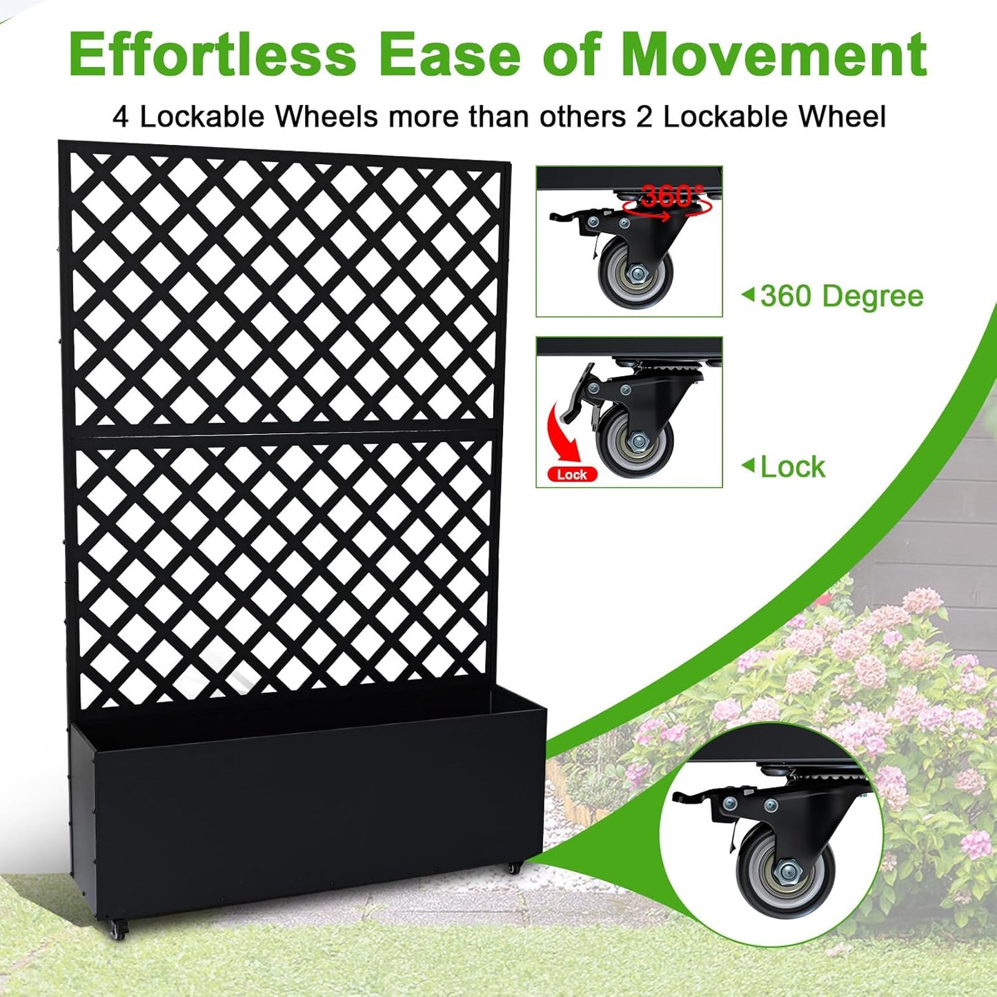 GarveeLife Metal Planter Box with Trellis, 73"x47"x12" Raised Garden Bed with Trellis & Wheels, Outdoor Garden Box with Privacy Screen & Drainage Holes for Climbing Plants Flower Vegetable, Black