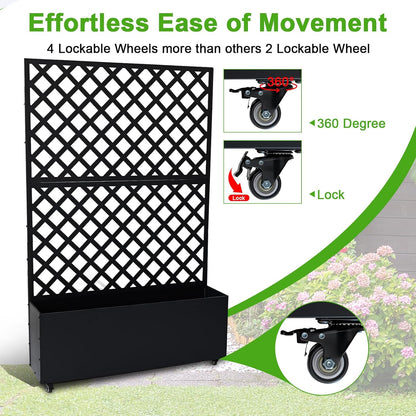 GarveeLife Metal Planter Box with Trellis, 73"x47"x12" Raised Garden Bed with Trellis & Wheels, Outdoor Garden Box with Privacy Screen & Drainage Holes for Climbing Plants Flower Vegetable, Black