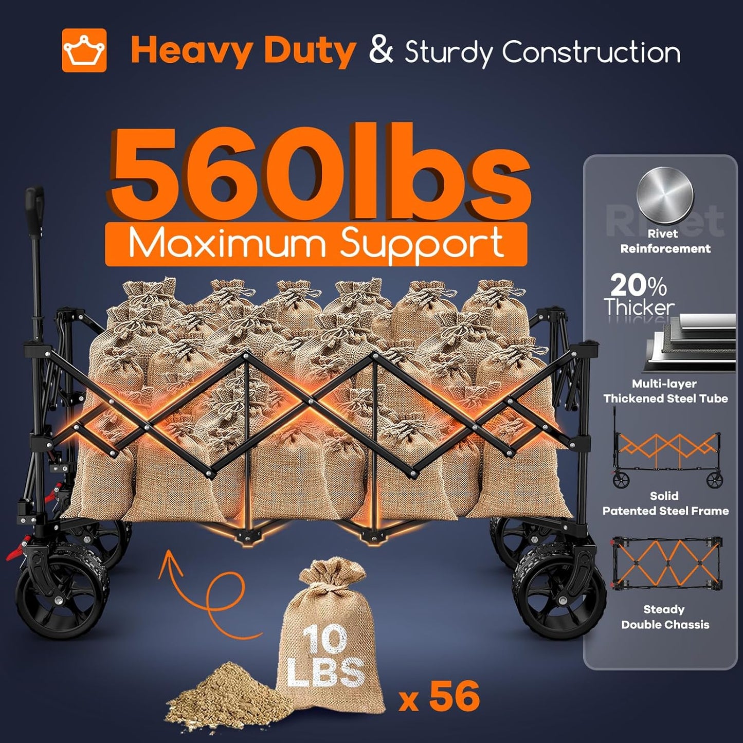 48" L Collapsible Wagon Cart Foldable, 560lbs Weight Capacity 300L Heavy Duty Folding Beach Wagons with Big All-Terrain Wheels, Utility Carts for Groceries, Shopping, Camping, Sports - Black