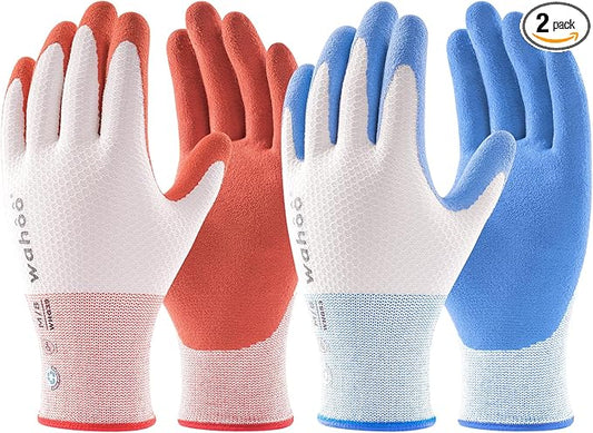 wahoo Gardening Gloves for Women, Garden Gloves with Latex Palm Coated, Breathable B.COMB AIR Technique, Pureed Pumpkin & Azure Blue, Small, 2 Pairs