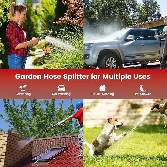 Garden Hose Splitter 2 Way Heavy Duty - Solid Brass Hose Y Splitter with Stainless Steel Long Handle, 3/4" GHT Thread for High Flow Rates & Leak-Free Connection