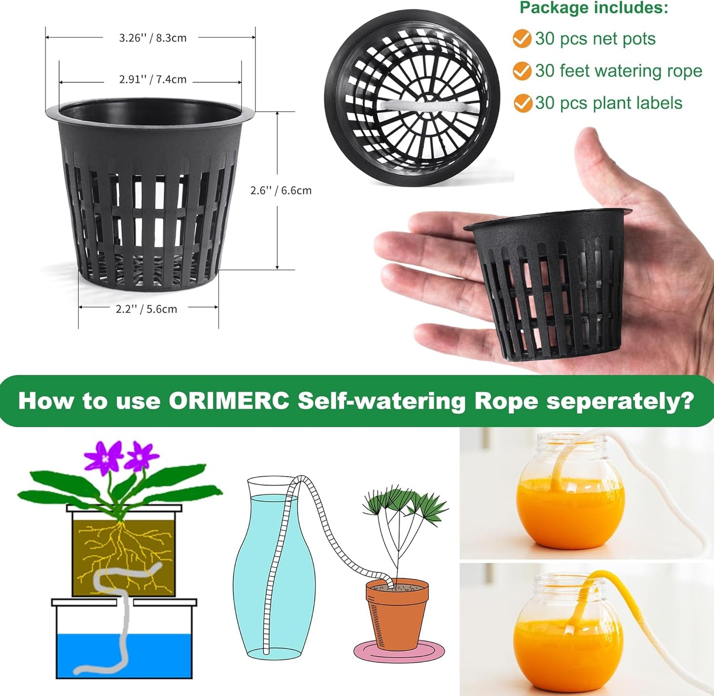 ORIMERC 30 Pack 3 inch Net Cup Pots with 30 feet Hydroponic Self Watering Wick & 30 Plant Labels Aquaponics Mason Jar Bucket Insert Orchid kratky Vegetable Gardening Growing Netted Basket Slotted Mesh