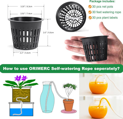 ORIMERC 30 Pack 3 inch Net Cup Pots with 30 feet Hydroponic Self Watering Wick & 30 Plant Labels Aquaponics Mason Jar Bucket Insert Orchid kratky Vegetable Gardening Growing Netted Basket Slotted Mesh