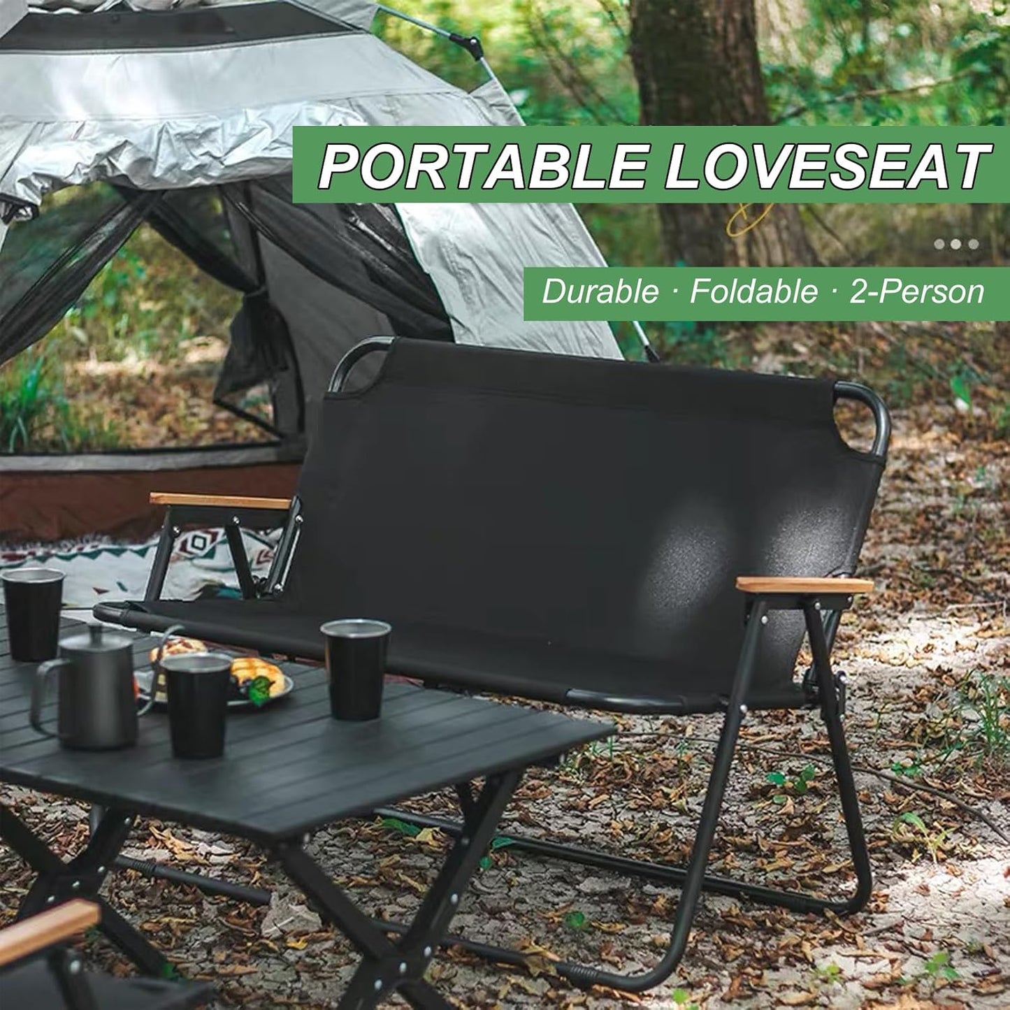 Loveseat Camping Chair for Adults Heavy with Seat Cushion Duty Double Seat Camp Chair for 2 Person Suit for Indoor Outdoor Hiking Patio Beach (Black)