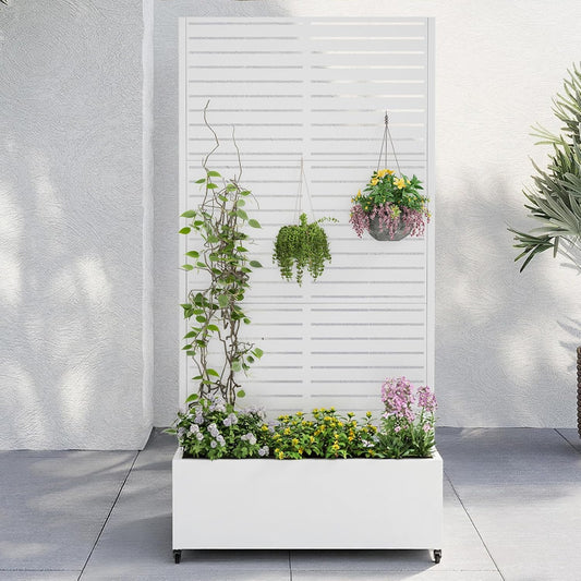 Metal Raised Garden Bed with Trellis & Wheels,72" x 35"x 15.7" Planter Box with Trellis,Privacy Planters for Patio,Garden Bed for Climbing Plants,Suitable for Climbing Plants and Vegetables,White