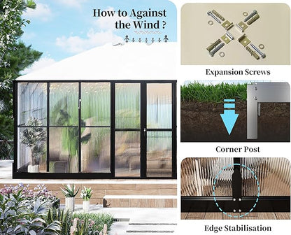 HOWE 16x12x9.5 FT Polycarbonate Greenhouse for Outdoors, Pavilion Style Greenhouse with 4 Vent Windows, Lockable Double Doors, Ideal for Garden & Patio Use, Black