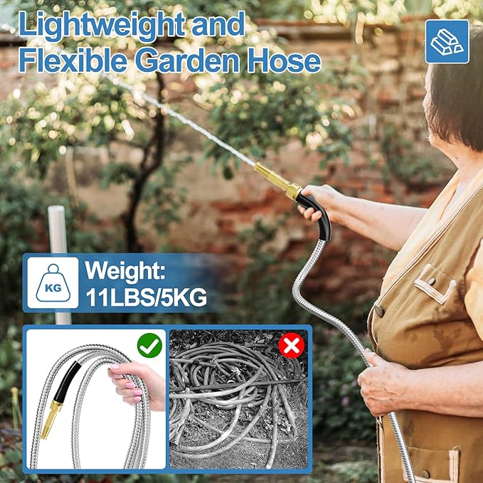 SPECILITE 125 FT Garden Hose, 304 Stainless Steel Metal Heavy Duty Flexible Water Pipe, Kink Free, Durable, Lightweight for Yard, Outdoor with Rubber Grip