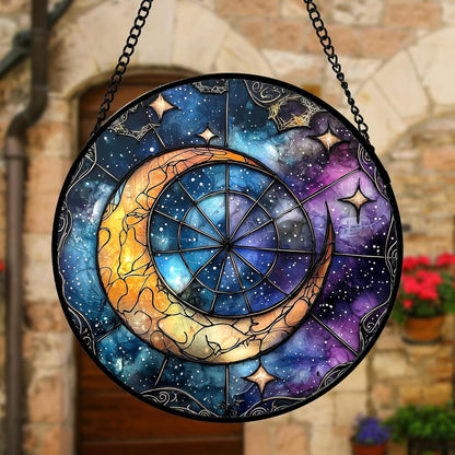 Stained Glass Window Hanging, Blue Starry Sky Moon Astrolabe Suncatcher for Doors Home Sun Catchers Decoration and Christmas, Mother's Day Birthday Gifts for Women, Men, and Mom 11.8x11.8 in
