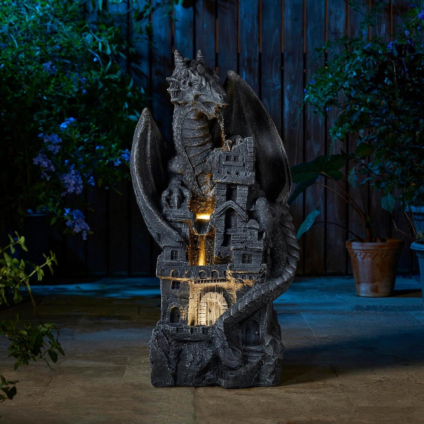 Glitzhome 4-Tiered Cascading Outdoor Water Fountain for Garden Patio Yard Mystical Gothic Dragon Water Fountains Outdoor with LED Lights & Pump, Large Floor Stand Fountain Dragon Waterfalls 36.5" H