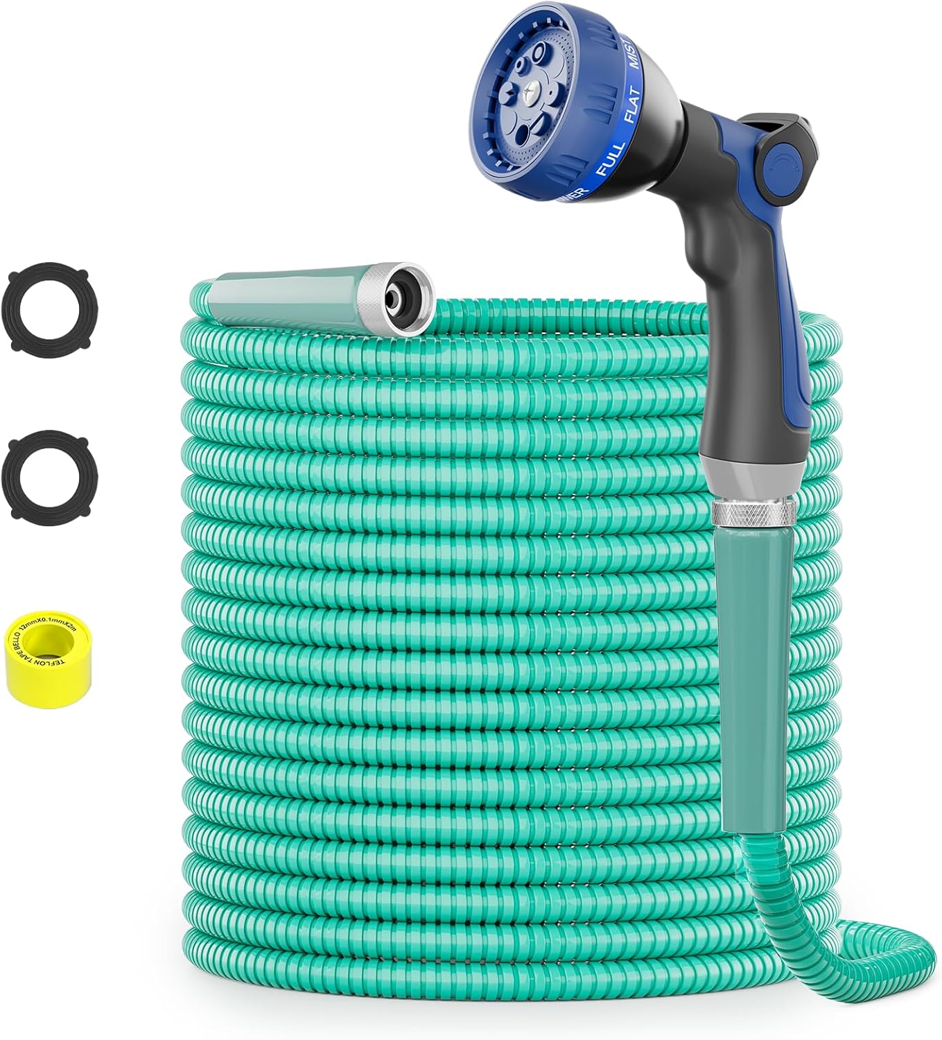 SPECILITE 75ft 304 Stainless Steel Garden Hose Metal, Heavy Duty Water Pipe with Nozzles for Yard, Outdoor - Flexible, Never Kink & Tangle, Puncture Resistant (Aqua)