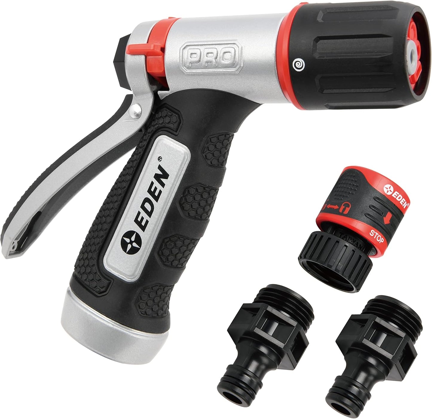 Eden 94844 Heavy Duty Metal Garden Hose Nozzle,HIGH Pressure 4-Pattern Watering Sprayer W/Quick Connector Set for Watering Garden, Lawns, Plants, Showering Pets, Washing Car