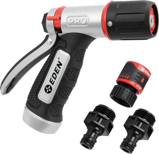 Eden 94844 Heavy Duty Metal Garden Hose Nozzle,HIGH Pressure 4-Pattern Watering Sprayer W/Quick Connector Set for Watering Garden, Lawns, Plants, Showering Pets, Washing Car