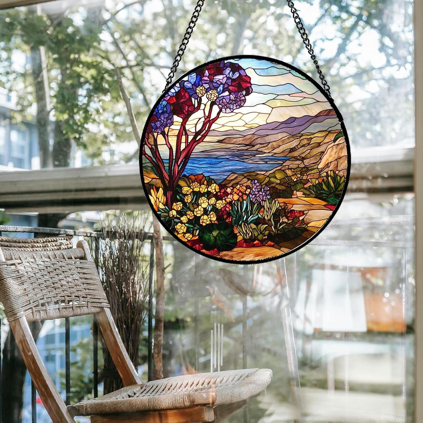 Stained Glass Window Hanging Retro Wildflowers Lake Mountain Scenery 7.8" - Suncatcher Door Garden Sun Catcher Home Decor Birthday Christmas for Mom Men Woman Friend