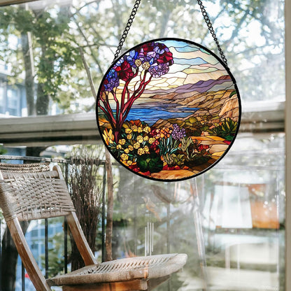 Stained Glass Window Hanging Retro Wildflowers Lake Mountain Scenery 7.8" - Suncatcher Door Garden Sun Catcher Home Decor Birthday Christmas for Mom Men Woman Friend