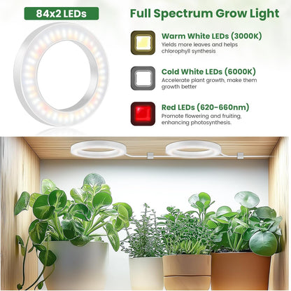 6" Ceiling Grow Lights for Indoor Plants, 168 LEDs Full Spectrum Grow Light, Halo Under Cabinet Plant Growing Lamp with 6/12/16H Auto Timer, 3 Spectrum Modes, 5 Brightness Levels (2-Head)