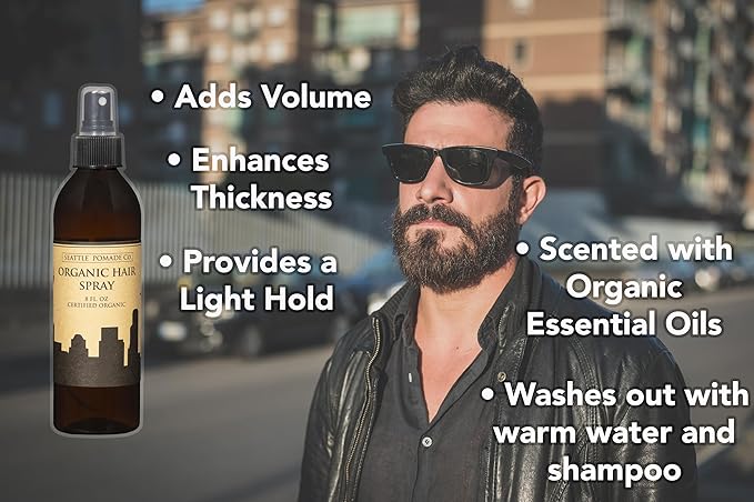 Seattle Pomade Co. Certified Organic Hair Spray made with Organic Aloe and Acacia Fiber. Strengthens & Lightly Holds Hair. Globally sourced certified organic materials.