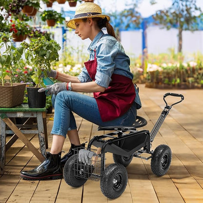 Rolling Garden Cart with 360° Swivel Work Seat, Adjustable Height, 10" Pneumatic Tires, Tool Tray & Storage Basket, Extendable Handle, Reduces Back & Spine Strain