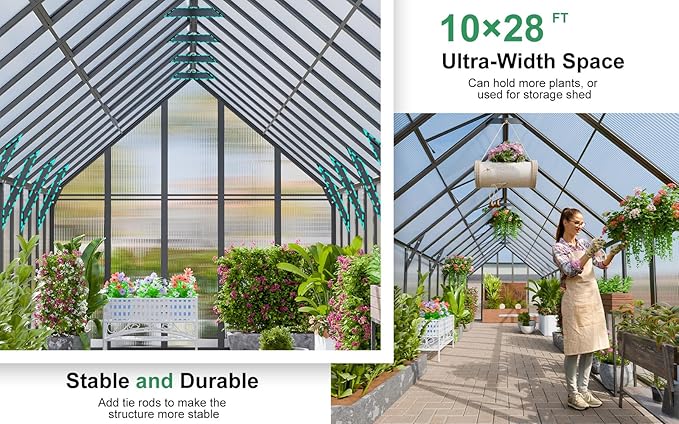 CDCASA 10x28 FT Greenhouse for Outdoors,Large Easy Assembly Thicker Aluminum Polycarbonate Greenhouses w/6 Windows, Double Door, Walk-in Green House for Outside,Patio,Backyard,Garden