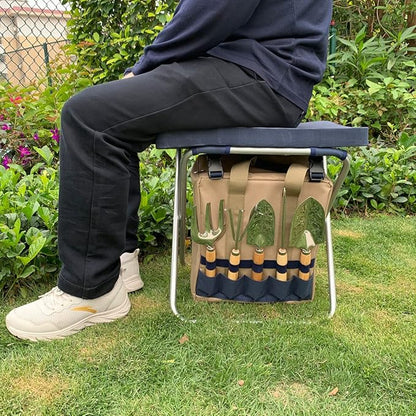 Garden Folding Gardener Stool with Gardening Tools Insulation Garden Bags Plus 5 Garden Tools and Gardening Kneeler Ideal Gift for Mother's Day/Father's Day (Navy Blue)