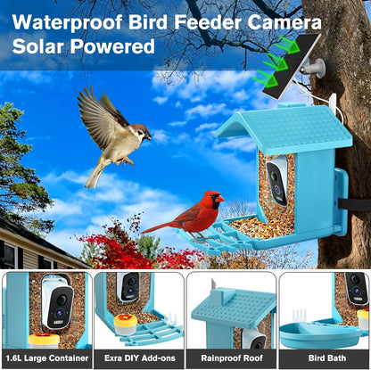 Smart Bird Feeder with Camera Solar Powered, AI Birds Species Identification, 2.5k HD Video Bird House with Camera for Outside, Weatherproof Design Ideal Gifts for Bird Lovers, Blue