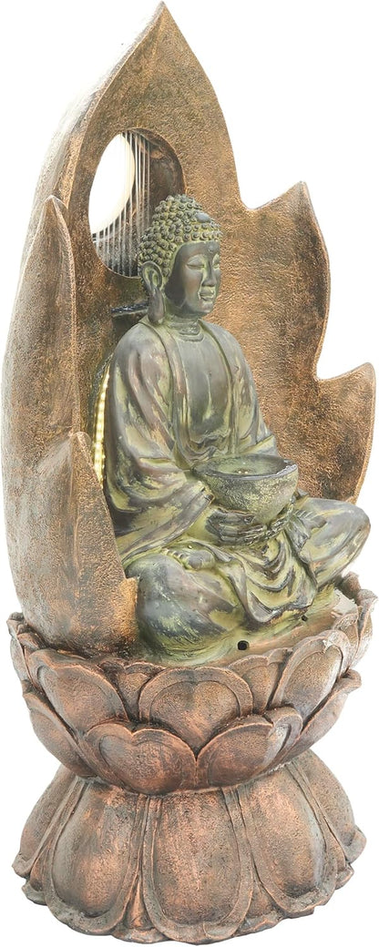 Alpine Corporation TZL420 59" Outdoor Buddha Fountain with LED Lights, Elegant Water Feature for Garden, Patio, Yard & Outdoor Spaces, Realistic Stone Look, Calming Waterfall for Relaxation, Brown