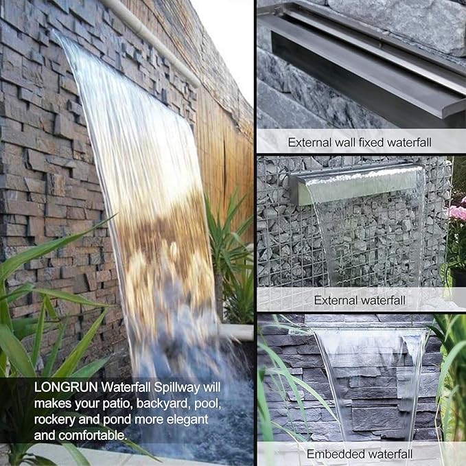 LONGRUN Waterfall Spillway Stainless Steel Pond Waterfalls with Color Changing LED Light, Outdoor Pool Fountain Water Spillway Waterfall Kit for Garden Patio Swimming Pool Koi Ponds Decoration-11.8"