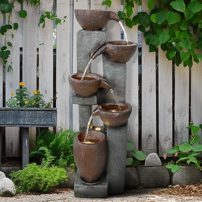 Naturefalls 39” H Modern Outdoor Fountain - 5 Crocks Outdoor Garden Fountains with Contemporary Design&LED Light for Garden, Patio, Deck, Porch, Backyard and Home Art Decor