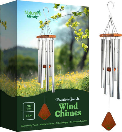 Nature’s Melody Premiere Grande Tunes Wind Chimes – Outdoor Windchime with 6 Tubes Tuned to E Pentatonic Scale, Rustproof Aluminum, Beech Wood & S Hook Hanger for Sympathy, Memorial Gift or Zen Garden