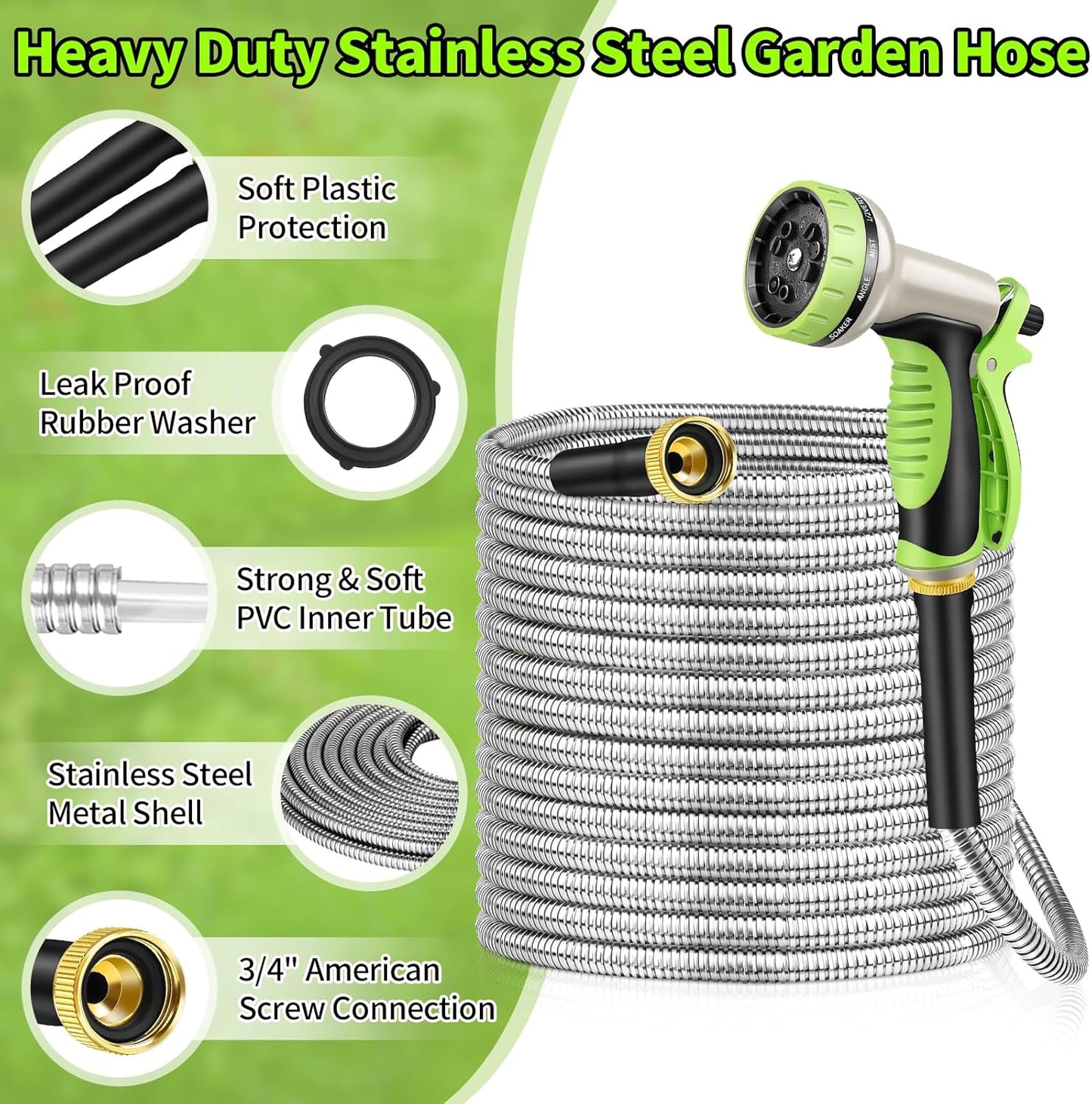 GOXAWEE Garden Hose 100FT, Stainless Steel Heavy Duty Water Hose With 10 Function Nozzle, No-Kink, Tough & Flexible, Sturdy and Lightweight, Rust Proof for Yard, Outdoor, RV