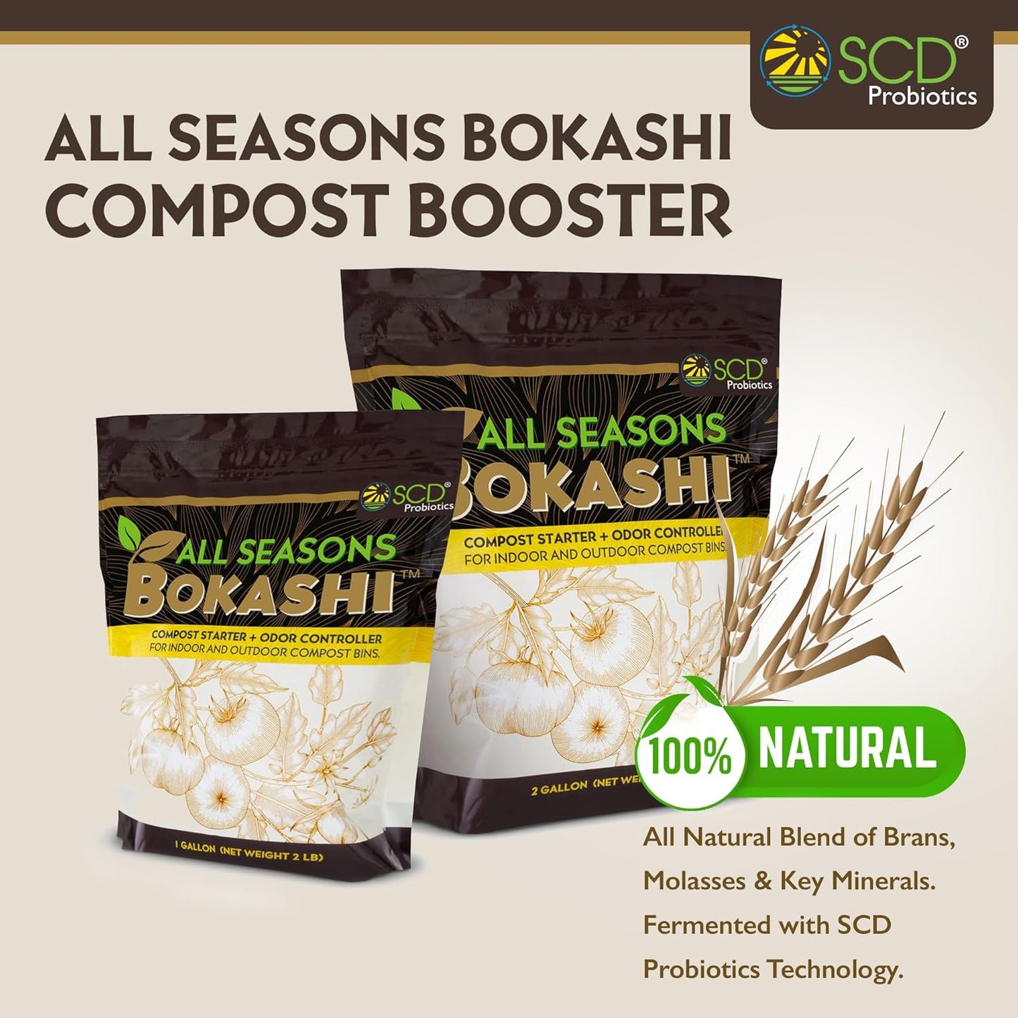 All Seasons Bokashi Compost Starter - 2 lbs (1 Gallon) 6.6 lbs Dry Bokashi Bran for Kitchen Compost Bin, Compost Pet and Food Waste Easily with Low Odor, (3 Pack) by SCD Probiotics