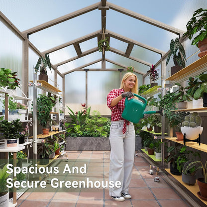 Aoxun 6x10 FT Walk-in Wooden Greenhouse,Solid Cedar Frame,Polycarbonate Panels, Automatically Temperature Control Roof Vent and Lockable Door,for Outdoor, Garden, Backyard,Patio, Lawn, Gray