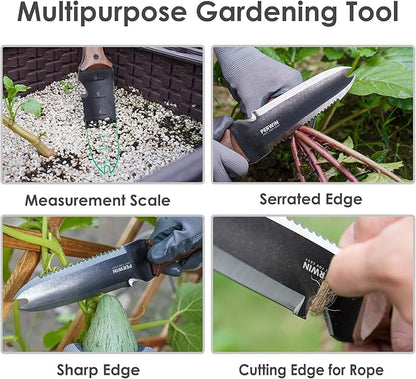 Hori Hori Garden Knife, Garden Tools with Sheath for Weeding,Planting,Digging, 7" Stainless Steel Blade with Cutting Edge, Full-Tang walnut Wood Handle with Hanging Hole