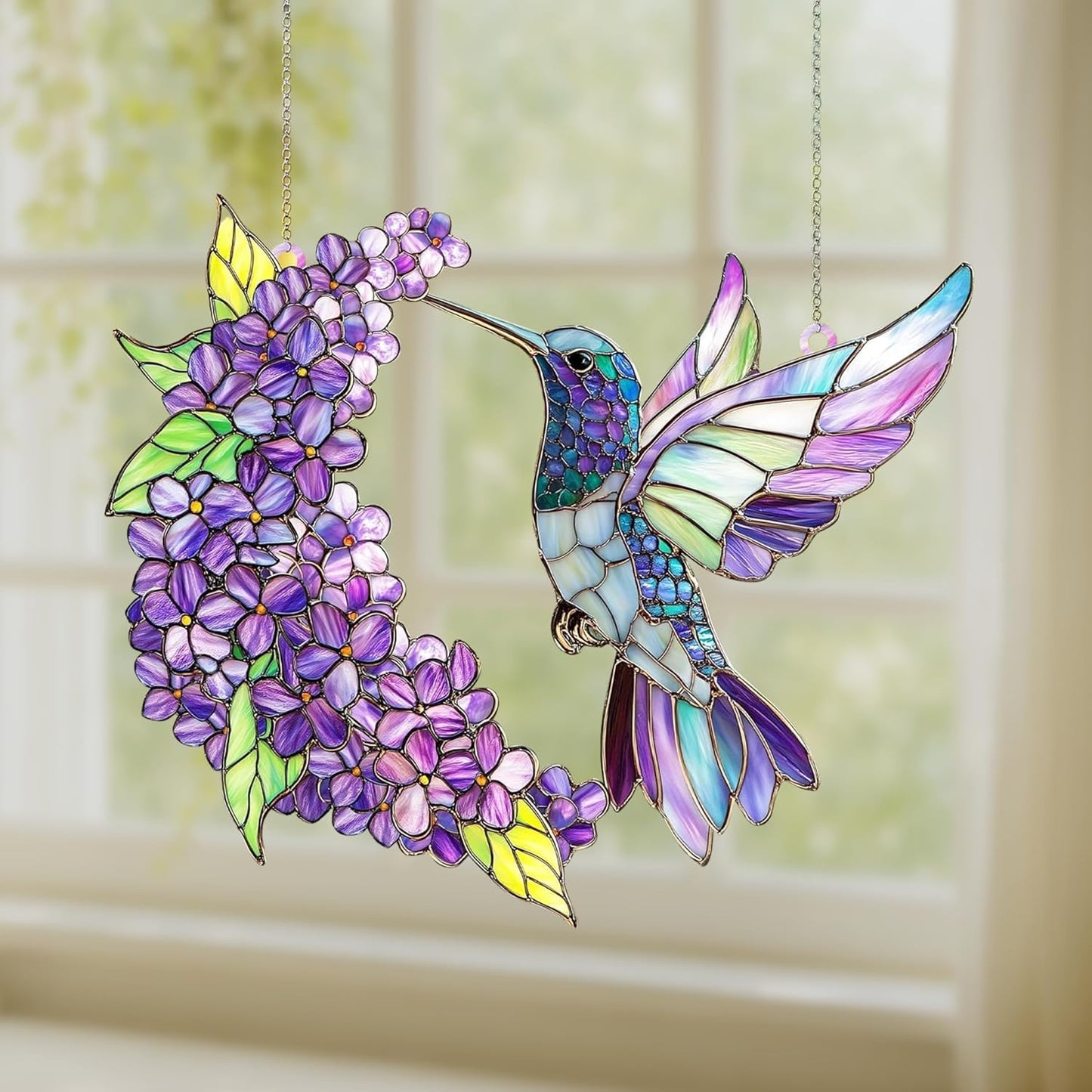 Purple Floral Hummingbird Acrylic Suncatcher Stained Glass Effect Window Car Hanging Christmas Ornament Indoor Outdoor Decor Garden Boho Sun Catcher for Bird Lover for Women Mom Grandma