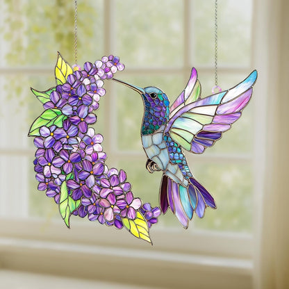 Purple Floral Hummingbird Acrylic Suncatcher Stained Glass Effect Window Car Hanging Christmas Ornament Indoor Outdoor Decor Garden Boho Sun Catcher for Bird Lover for Women Mom Grandma