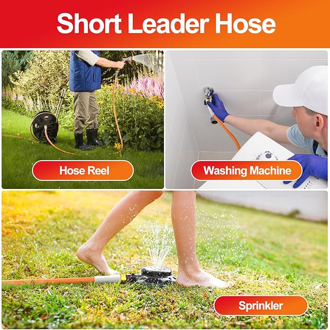 SPECILITE Garden Water Hose 15 ft x 5/8 in, Heavy Duty Leader Pipe Extension, Flexible, Lightweight Kink-less,Hybrid Rubber, with 3/4" Brass Fittings, Orange