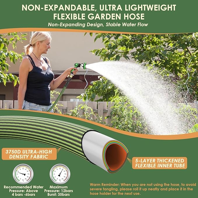 Non-Expandable Garden Hose 100 ft, Ultra Lightweight Flexible Water Hose with 10-Pattern Nozzle, Leak-Proof, High-Density Fabric, Thickened Connector, Shut-Off Valve for Yard, Lawn, Outdoor